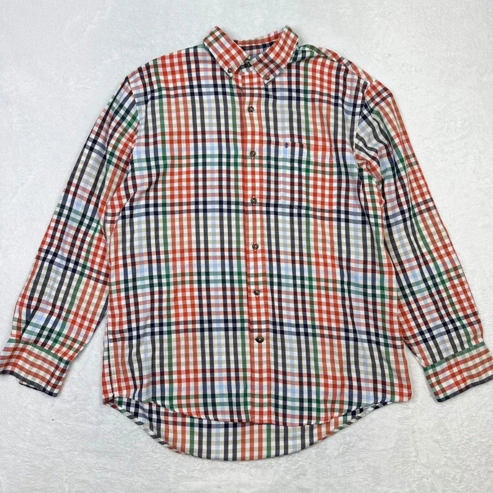 IZOD Button Down Shirt Mens Large Orange Blue Plaid Long Sleeve Cotton Blend‎